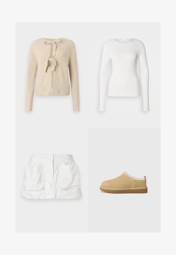 Beige gebreide cardigan met lange mouwen, een ronde halslijn en een striksluiting aan de voorkant. Kenmerkt zich door een geribbelde textuur en een losse pasvorm.; Wit T-shirt met lange mouwen van een zachte, lichtgewicht stof, met een ronde halslijn en een aansluitende pasvorm, met een subtiele textuur.; Witte geborduurde rok met knoopsluiting, met bloemmotieven en twee grote zakken aan de voorkant, gemaakt van lichtgewicht stof.; Suède instap schoenen in licht bruin, met een zachte bontvoering en een gemeleerde rubberen zool met een lichte hak en een trekhaakje aan de achterkant voor gemakkelijk aan- en uittrekken.