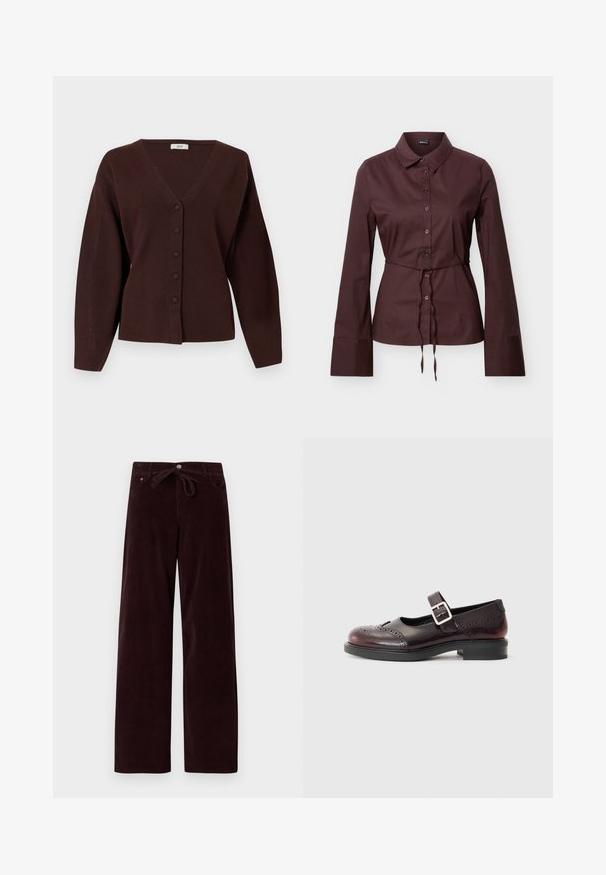Cardigan marron avec un col en V, fermeture boutonnée à l'avant, et manches longues. Confectionné en tissu doux, il présente une coupe décontractée et un design minimaliste.; Chemise marron foncé à manches longues avec boutons, col, taille à cordon et larges poignets, présentée sur un fond neutre.; Pantalons en velours côtelé bordeaux foncé à coupe décontractée, avec une taille à nouer et des poches avant. La texture est côtelée et le tissu semble doux.; Chaussure de style Mary Jane en cuir verni bordeaux foncé, avec des détails perforés et une sangle à boucle. Talon bas, bout rond.