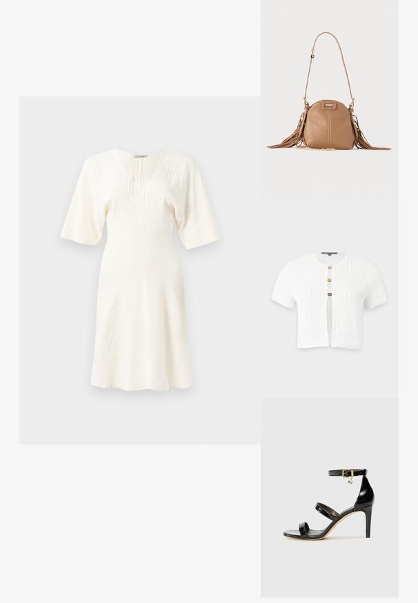 Cárdigan blanco de manga corta acanalado con tres botones dorados de cierre y patrones decorativos de punto en las mangas y el dobladillo.; Vestido blanco de manga corta con escote en V y tejido texturizado. Silueta acampanada con dobladillo a la altura de la rodilla y un sutil patrón arrugado.; Sandalia de charol negro con tres correas, hebilla en el tobillo y tacón de aguja de 10 cm. Presenta detalles de hardware en oro y un charm con el logo.; Pequeño bolso de cuero color cuero claro con correa larga, detalle de cadena dorada y flecos en ambos lados sobre un fondo neutro.