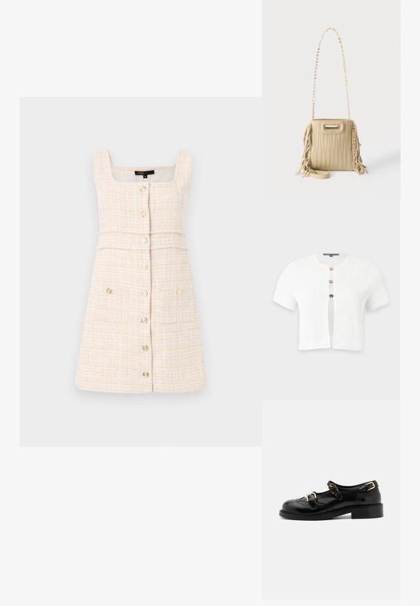 Cardigan blanc à manches courtes en maille côtelée avec trois boutons-pression dorés et motifs tricotés décoratifs sur les manches et l’ourlet.; Robe couleur crème en tissu texturé. Présente un décolleté carré, une fermeture à boutons à l'avant et deux poches avant avec des boutons décoratifs.; Chaussures en cuir noir avec détails de brogue, dotées de deux sangles à boucle, d'un bout arrondi et d'un talon bas. Texture lisse avec finition brillante.; Sac à main matelassé beige avec des détails à franges sur les côtés, une bandoulière chaîne dorée et une petite ouverture sur la poignée supérieure.