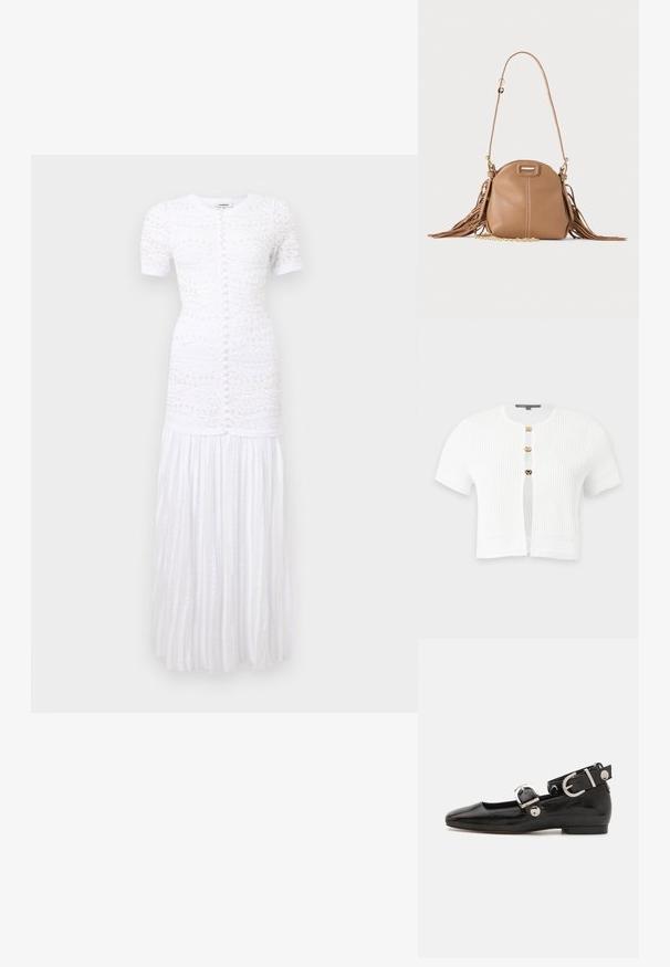 Cardigan blanc à manches courtes en maille côtelée avec trois boutons-pression dorés et motifs tricotés décoratifs sur les manches et l’ourlet.; Robe maxi blanche à manches courtes avec fermeture à boutons à l'avant, broderie florale texturée sur le corsage, et détails de jupe plissée.; Ballerine en cuir verni noir avec un bout carré, sangle de cheville avec des détails en métal argenté et semelle plate. Texture lisse avec un design minimaliste.; Petit sac à bandoulière en cuir fauve avec longue bandoulière, détail chaîne dorée et franges des deux côtés sur un fond neutre.
