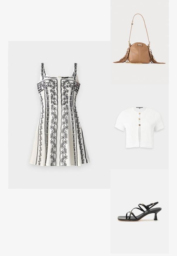 Cardigan blanc à manches courtes en maille côtelée avec trois boutons-pression dorés et motifs tricotés décoratifs sur les manches et l’ourlet.; Robe sans manches noire et blanche avec broderies florales délicates, un corsage ajusté et une jupe évasée. Tissu texturé avec une fermeture éclair.; Sandales à strapes en cuir verni noir avec un bout carré et un petit talon carré. Présente des accessoires en métal doré et des brides de cheville réglables.; Petit sac à bandoulière en cuir fauve avec longue bandoulière, détail chaîne dorée et franges des deux côtés sur un fond neutre.