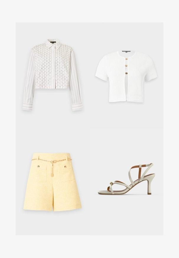 Cardigan blanc à manches courtes en maille côtelée avec trois boutons-pression dorés et motifs tricotés décoratifs sur les manches et l’ourlet.; Chemise blanche à boutons avec manches longues présentant de fines rayures verticales et un panneau avant décoré d’un motif en treillis orné de perles.; Shorts taille haute texturés jaunes avec poches avant et ceinture fine en chaîne dorée ornée de détails en forme de breloques circulaires.; Sandale à talon haut beige avec des fines lanières croisées sur le pied et une petite boule décorative dorée près des orteils.