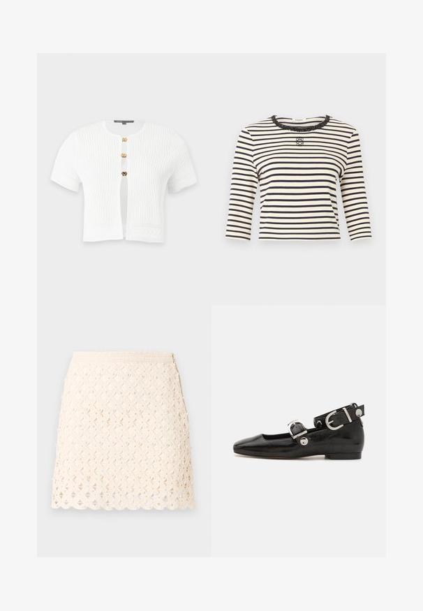 Cardigan blanc à manches courtes en maille côtelée avec trois boutons-pression dorés et motifs tricotés décoratifs sur les manches et l’ourlet.; Haut à manches longues à rayures horizontales blanches et noires avec un col rond orné de sequins et un petit logo décoratif au centre de la poitrine.; Mini-jupe couleur crème avec motif en dentelle florale et petites perles décoratives, ourlet festonné et fermeture éclair latérale.; Ballerine en cuir verni noir avec un bout carré, sangle de cheville avec des détails en métal argenté et semelle plate. Texture lisse avec un design minimaliste.