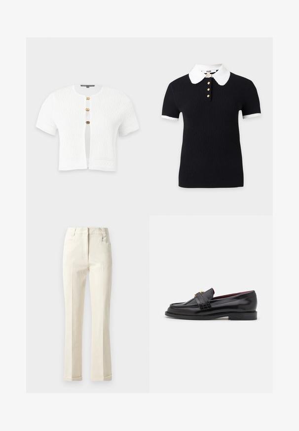 Cardigan blanc à manches courtes en maille côtelée avec trois boutons-pression dorés et motifs tricotés décoratifs sur les manches et l’ourlet.; Haut noir côtelé à manches courtes avec col et poignets festonnés blancs, orné de quatre boutons dorés sur le devant de l'encolure.; Pantalons beiges à jambe droite en tissu mélangé coton, avec une taille mi-haute, des poches avant et une texture subtile à la surface.; Mocassins en cuir noir avec un motif cousu, texture lisse, détail de boucle dorée et bout arrondi, posés sur une semelle noire basse.