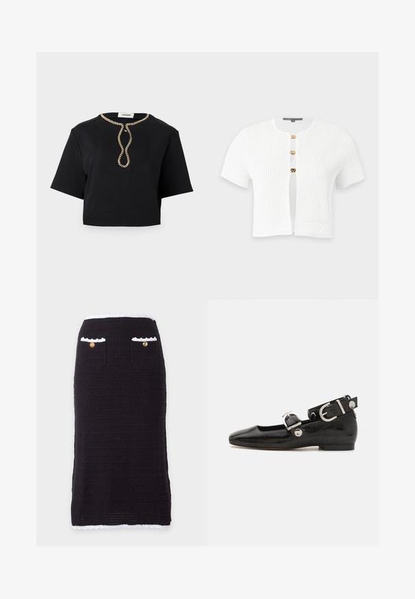 Cardigan blanc à manches courtes en maille côtelée avec trois boutons-pression dorés et motifs tricotés décoratifs sur les manches et l’ourlet.; Haut noir court à manches courtes avec un col rond orné d'un motif de boucle en perles dorées au centre devant.; Jupe crayon en maille noire avec bordure blanche à la taille et à l'ourlet, comportant deux poches avant, chacune avec un bouton doré.; Ballerine en cuir verni noir avec un bout carré, sangle de cheville avec des détails en métal argenté et semelle plate. Texture lisse avec un design minimaliste.