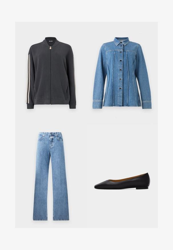 Donkergrijze sweatvest met rits en opstaande kraag, voorzien van witte zijstrepen en geribde manchetten. Gemaakt van zachte stof zonder zichtbare patronen.; Blauw denim blouse met lange mouwen, knopen aan de voorkant, puntige kraag, verticale naden en gestikte manchetten.; Lichtblauwe denim jeans met een wijde pasvorm, vijf zakken, lussen voor een riem en een knoopsluiting. De stof heeft een gladde textuur.; Zwarte leren puntschoen met lage hak en gladde afwerking, zijaanzicht op een lichtgrijze achtergrond.
