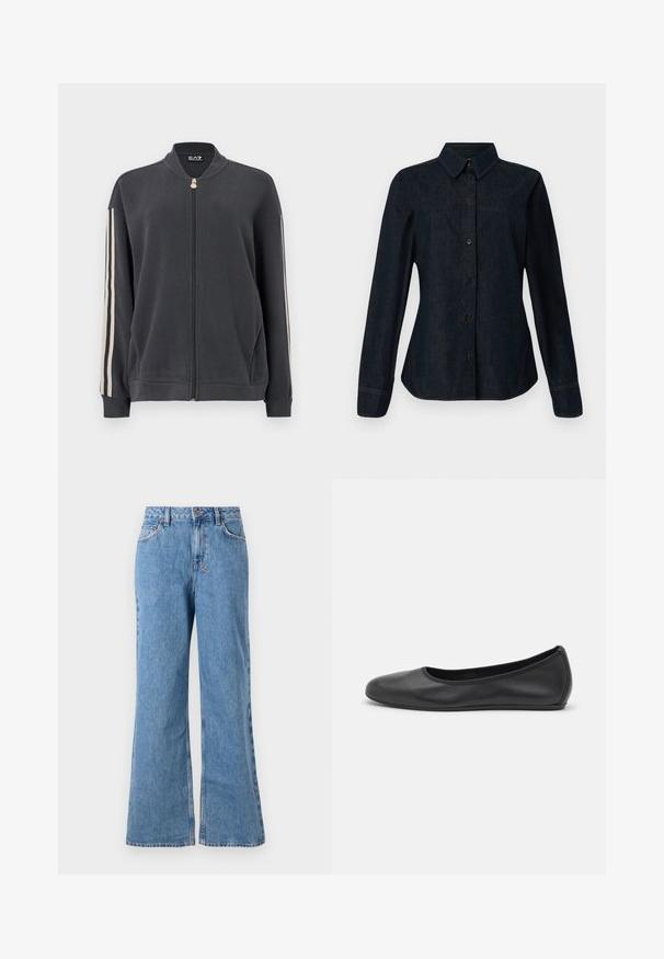 Sweat-shirt gris foncé à zip avec col montant, doté de bandes blanches sur les côtés et de poignets côtelés. Confectionné dans un tissu doux sans motifs apparents.; CLOSED SEAMING SHIRT - Chemisier - dark blue; Jean large en denim bleu clair à taille haute, avec fermeture à bouton et à glissière, poches frontales et texture décolorée.; Ballerines en cuir noir avec un bout rond, texture lisse, détails de couture minimalistes et design de semelle flexible.