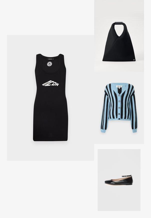 Blå og sort stribet cardigan med V-hals, lange ærmer, seks runde knapper og ribbede manchetter og kant. Fremstillet i blødt materiale.; Sort tankkjole af jersey-stof med scoop-halsudskæring, der har en pasform, som fremhæver silhuetten, med et hvidt trykt logo.; Sort læderballetflad med rund tå, ankelrem og lav hæl. Glat tekstur og minimalistisk design.; Sort tote bag med en trekantet form, lavet af tekstureret stof, med et rundet håndtag og en lille detalje nederst.