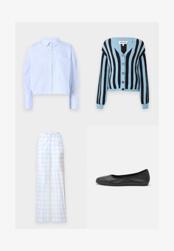 Cárdigan de rayas azules y negras con escote en V, mangas largas, seis botones redondos y puños y dobladillo acanalados. Hecho de material suave.; Camisa de botones cortada en azul claro con rayas verticales blancas, que presenta un cuello desplegado y un bolsillo en el pecho. Textura de tela suave.; Pantalones de pijama a cuadros en azul claro y blanco con cintura elástica y cordón, mostrados sobre un fondo blanco liso.; Bailarina de piel negra con punta redondeada, textura suave, detalle de costura minimalista y diseño de suela flexible.