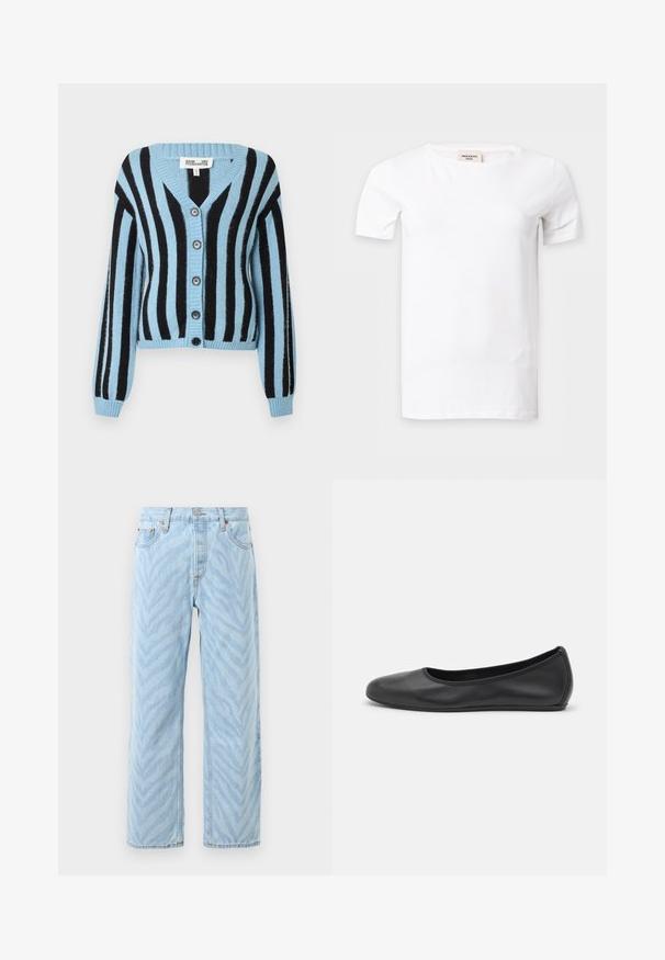 Cardigan rayé bleu et noir avec un col en V, manches longues, six boutons ronds, et des poignets et un ourlet côtelés. Fabriqué en matière douce.; T-shirt blanc uni à manches courtes avec un col rond, présenté sur un fond gris clair.; Jeans droit light blue avec un motif subtil de rayures zèbres, fermeture par bouton et zip, et design à cinq poches.; Ballerines en cuir noir avec un bout rond, texture lisse, détails de couture minimalistes et design de semelle flexible.