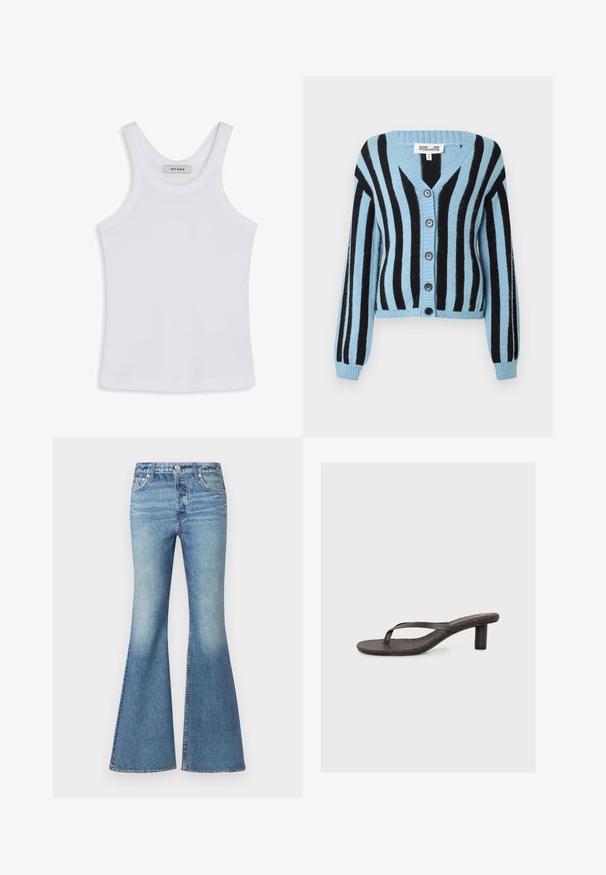 Blau-schwarz gestreifter Cardigan mit V-Ausschnitt, langen Ärmeln, sechs runden Knöpfen sowie gerippten Bündchen und Saum. Hergestellt aus weichem Material.; Weißes Tanktop aus glattem Stoff, mit einem runden Ausschnitt und breiten Schulterträgern, innen mit einem Etikett "IVY OAK".; Hellblaue Schlagjeans aus weichem Denimstoff mit hoher Taille, Farbverlauf an den Oberschenkeln und klassischem Fünf-Taschen-Design mit Metallbeschlägen.; Braune Sandale mit Absatz und Zehensteg, texturierter Fußsohle und schmalem Einzelriemen, vor schlichtem weißem Hintergrund.
