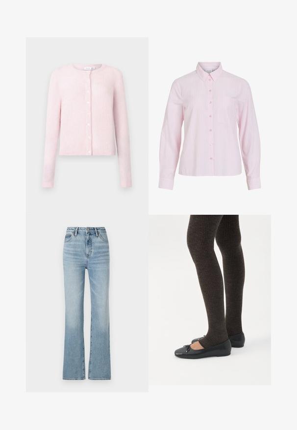 Cardigan rose clair en tissu tricoté texturé, avec un col rond, des manches longues et des boutons blancs sur le devant.; Chemise rose pâle à manches longues avec des rayures blanches verticales, fermeture boutonnée à l'avant, col et poche poitrine gauche. Tissu en coton lisse.; Jean taille haute bleu clair en jean, avec une jambe droite, un design à cinq poches et un léger délavage au niveau des cuisses.; Jambes portant des leggings côtelés foncés associés à des ballerines noires avec de petits détails en nœud sur fond blanc.