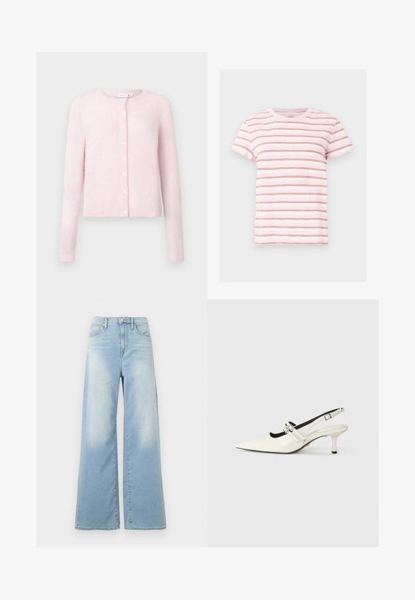 Lichtroze cardigan van textuurgebreide stof, met een ronde halslijn, lange mouwen en witte knopen aan de voorkant.; Roze-witte T-shirt met korte mouwen, dunne horizontale bruine strepen, ronde hals en een casual pasvorm.; Lichtblauwe wijde jeans met hoge taille, voorste knoopsluiting en zakken, weergegeven tegen een witte achtergrond.; Puntige slingback-schoen van glanzend wit leer met twee verstelbare gespbandjes en een 6 cm stilettohak.