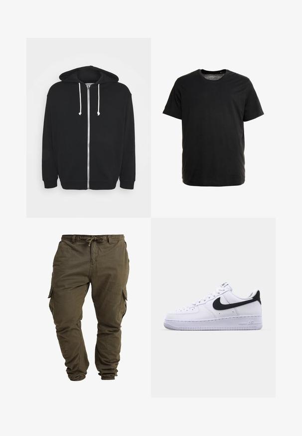 No se generó el texto alternativo.; Camiseta de manga corta negra, hecha de tejido suave, con cuello redondo y corte recto, sin patrones ni gráficos visibles.; Pantalones cargo de color verde oliva hechos de algodón suave, con cordón ajustable en la cintura, puños elásticos y bolsillos laterales. ; Zapatilla blanca de cuero con un Swoosh negro texturizado, cordones planos y una suela de goma con un patrón estriado. "AIR" está grabado en el talón.