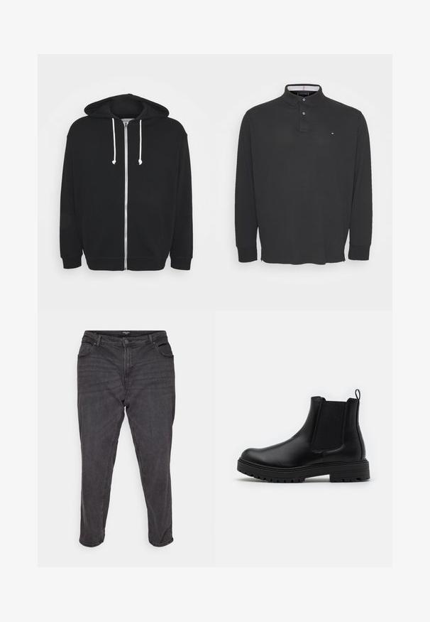 Fehler beim Generieren des Alternativtextes.; Tommy Hilfiger Poloshirt - black; Schwarze Denim-Jeans mit geradem Schnitt, ausgestattet mit einem Knopfverschluss, seitlichen Taschen und dezenten Verwaschungen, die einen klassischen Look verleihen.; Zign LEATHER - Stiefelette - black