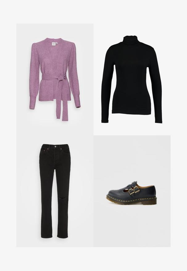 Cardigan de punto en color lila claro con cintura ajustable, mangas largas y puños acanalados. Presenta un escote en V profundo y una tela suave y texturizada.; Top negro de manga larga con cuello alto hecho de tela suave, con un diseño ajustado y un cuello alto, adecuado para usar en capas o como prenda independiente.; Jeans de denim negro con un diseño de pierna recta, que cuentan con un detalle de rodilla rasgada, cinco bolsillos y acentos de hardware en color cobre en la cinturilla.; Zapato de cuero negro con dos correas de hebilla, detalles perforados, puntera redondeada y un acento de costura amarilla alrededor de la suela.