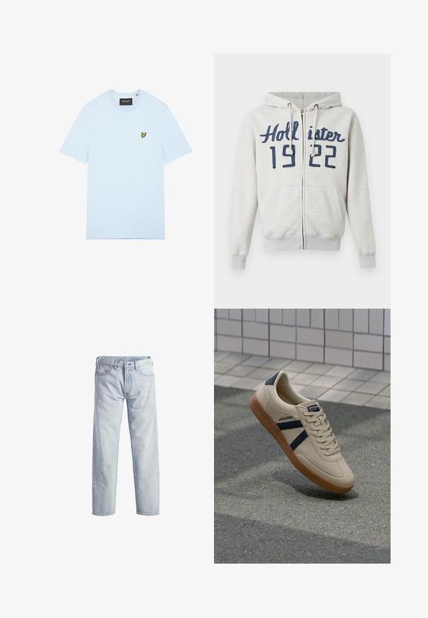 Svetlosivá mikina na zips s nápisom "Hollister 1922" v tmavomodrej farbe, predné vrecká, kapucňa so šnúrkou a rebrované manžety a lem.; Svetlomodré bavlnené tričko s okrúhlym výstrihom, s malým vyšívaným logom žltého vtáčika na ľavej strane hrudníka. Krátke rukávy, jednofarebné.; Svetlo modré džíny z denimu so strihom rovného nohavice, so zapínaním na gombíky, piatimi vreckami a jemným efektom blednutia. Obsahuje kovové prvky.; Béžové tenisky s textúrovaným povrchom, námorníckymi pruhmi a gumovou podrážkou. Obsahujú polstrovaný jazyk a tradičný šnurovací systém pre bezpečné prispôsobenie.