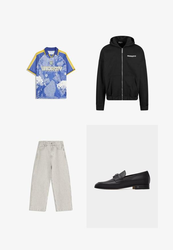 Haut zippé noir en mélange de coton, avec une poche kangourou, des poignets côtelés et un logo imprimé sur la poitrine gauche.; Maillot de sport bleu et jaune à manches courtes avec motif blanc abstrait, texte « Union City International » et un petit emblème sous le col.; Pantalon taille haute à jambes larges avec rayures verticales blanches et gris clair, bouton à l'avant, fermeture éclair et design à cinq poches.; Mocassin en cuir noir avec un détail chaîne en métal à l'avant et un petit talon empilé orné d'un petit emblème décoratif.