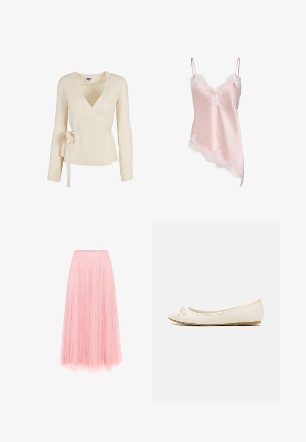 Haut enveloppant beige à côtes avec un décolleté en V profond, des manches longues et un détail noué à la taille. Texture douce avec un motif subtil.; Caraco en satin rose clair avec bordure en dentelle blanche le long du décolleté en V, de l'ourlet et fines bretelles réglables, avec un ourlet asymétrique.; zero MIT PLIESSENDEM BECHER - Jupe plissée - bridal rose; Ballet flats de couleur crème avec un bout arrondi, un petit nœud sur le devant et une semelle beige texturée. Matériau synthétique lisse.