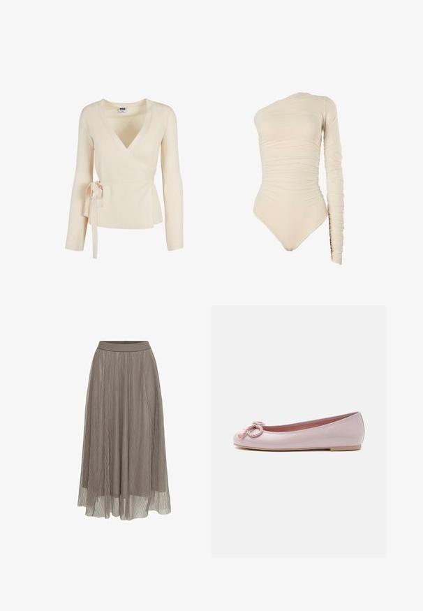 Haut enveloppant beige à côtes avec un décolleté en V profond, des manches longues et un détail noué à la taille. Texture douce avec un motif subtil.; Body beige à manches longues avec un design asymétrique à une épaule. Caractérisé par une texture froncée, des jambes taille haute et un tissu doux et extensible.; Jupe maxi plissée en taupe, dotée d'une taille lisse et d'une silhouette fluide. Fabriquée en matériau léger et transparent avec une texture fine.; Ballerine en cuir verni rose clair avec bout arrondi, nœud en corde torsadée sur le devant et semelle basse beige sur fond blanc.