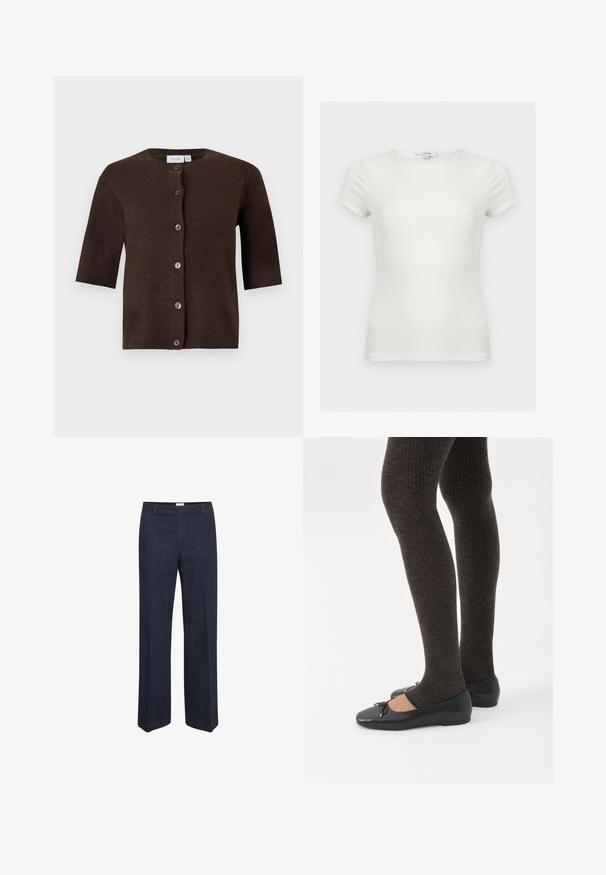 Donkerbruine korte mouw button-up cardigan met ronde hals en zes knopen aan de voorkant, weergegeven op een effen lichte achtergrond.; Effen witte aansluitende T-shirt met korte mouwen en ronde hals, getoond op een neutrale achtergrond.; Donkerblauwe, wijde jeans met een klassieke tailleband en voorzakken, ontworpen voor een comfortabele pasvorm en veelzijdige stijl.; Benen met donkere geribbelde leggings gecombineerd met zwarte ballerina's met kleine strikdetails op een witte achtergrond.