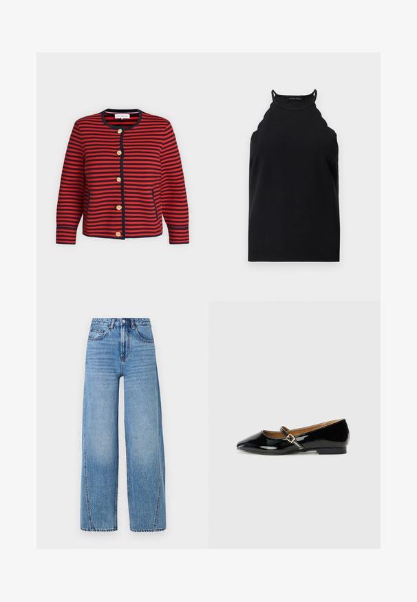 Roter und marineblau horizontal gestreifter Cardigan mit rundem Ausschnitt, langen Ärmeln, goldenen Knöpfen vorne und eng anliegenden Bündchen auf einfarbigem Hintergrund.; Schwarzes ärmelloses Neckholder-Top mit wellenförmigen Kanten und dünnen Schulterträgern, präsentiert vor einem schlichten hellen Hintergrund.; Hochtaillierte, hellblaue, weite Jeans mit Fronttaschen, Gürtelschlaufen, Knopfverschluss und sichtbaren Steppnähten.; Schwarze Lackleder-Ballerinas mit spitzem Zehenbereich, einem Knöchelriemen mit goldfarbener Schnalle und niedrigem Blockabsatz. Glatte, glanzvolle Oberfläche.