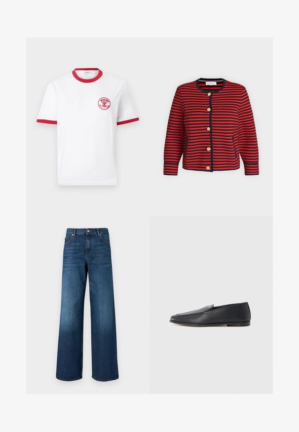 Cardigan rayé horizontal rouge et bleu marine avec encolure ronde, manches longues, boutons dorés devant et poignets ajustés sur un fond uni.; T-shirt blanc à manches courtes avec col et bordures de manches rouges, avec un petit logo circulaire rouge "JOOP! Jeans" sur la poitrine gauche.; Jean bleu à jambes larges avec poches avant, passants de ceinture et bouton de fermeture sur fond uni.; Mocassins en cuir noir à texture lisse, bout arrondi et détails de couture subtils. Ils présentent un accent logo doré sur le côté supérieur.
