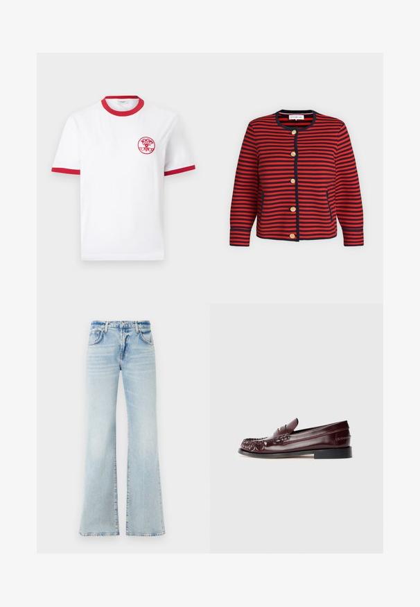 Cardigan rayé horizontal rouge et bleu marine avec encolure ronde, manches longues, boutons dorés devant et poignets ajustés sur un fond uni.; T-shirt blanc à manches courtes avec col et bordures de manches rouges, avec un petit logo circulaire rouge "JOOP! Jeans" sur la poitrine gauche.; Jean en denim bleu clair évasé avec une texture douce, cinq poches et une fermeture à bouton. Présente une décoloration pour un effet usé.; Mocassin penny en cuir bordeaux avec semelle noire et détail en métal doré sur le dessus, présenté en vue latérale sur fond blanc.
