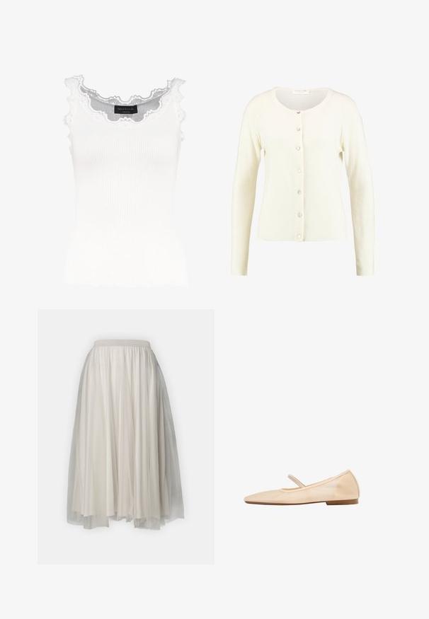 Rosemunde LAICA O NECK CARDIGAN - Gilet - ivory; Débardeur blanc à côtes avec dentelle au niveau de l'encolure et des manches. Présente une texture douce et une coupe ajustée. Étiquette de la marque visible à l'intérieur.; Jupe blanche à plusieurs couches, avec un tissu intérieur lisse et une couche extérieure en tulle transparent, dotée d'une taille élastique pour plus de confort.; Chaussure de ballet plate beige avec un bout arrondi, une fine bride sur le cou-de-pied et un petit talon.