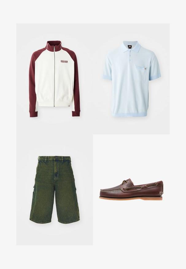 Zipped sweatshirt i off-white med maroon raglanærmer. Har ribbede manchetter og kant, samt et lille logo på brystet. Glat tekstur.; Lyseblå polo skjorte med tekstureret stof, tre knapper, korte ærmer med kontrastfarvede manchetter og en brystlomme.; Grønne denim cargo shorts med afslappet pasform, der har sidelommer og knaplukning. Slidt tekstur og lige snit.; Brun læder bådsko med hvide sømme, snøre detaljer og lysbrun gummisål, vist fra siden på hvid baggrund.