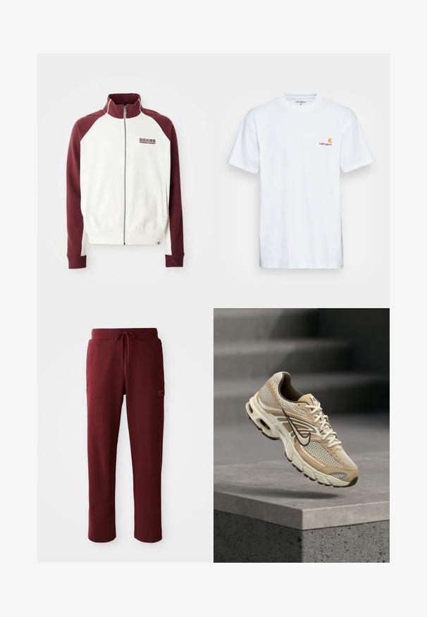 Zipped sweatshirt i off-white med maroon raglanærmer. Har ribbede manchetter og kant, samt et lille logo på brystet. Glat tekstur.; Hvid bomulds t-shirt med korte ærmer. Designet med et lille orange og maroon logo på venstre bryst. Har en klassisk rund hals.; Burgunderfarvede sweatpants lavet af blødt materiale, med en justerbar snor i taljen og en sidelomme med et logo-patch.; Beige og hvid Nike løbesko med mesh paneler og sort swoosh, der svæver over en betonkant med slørede trapper i baggrunden.
