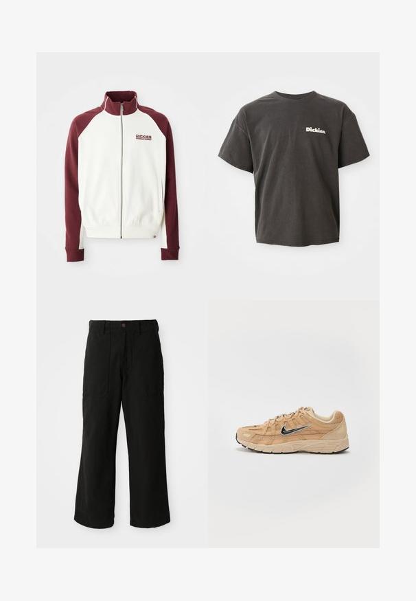Sudadera con cremallera en color blanco roto con mangas raglán en color burdeos. Cuenta con puños y dobladillo acanalados, y un pequeño logo en el pecho. Textura suave.; Camiseta de manga corta gris oscuro con el logo "Dickies." en blanco en el lado izquierdo del pecho, cuello redondo y corte relajado.; Pantalones de pierna ancha en color negro, fabricados en un tejido suave, con bolsillos frontales y cierre de botón en la cintura. Diseño minimalista sin patrones visibles.; Zapatilla deportiva beige con materiales de malla y ante, silueta curva, suela negra, prominente logo plateado de Nike en el lateral y acentos texturizados.