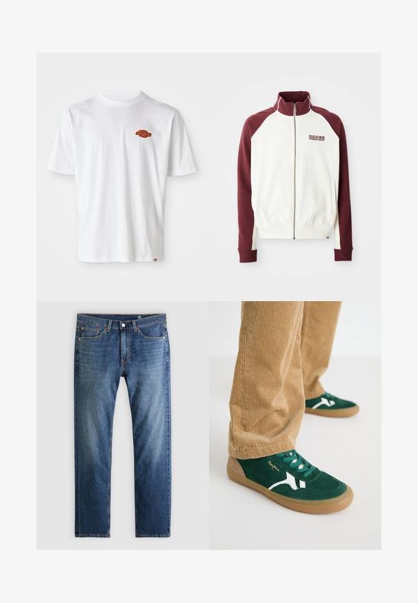 Bundička na zips v off-white farbe s marónovými raglanovými rukávmi. Obsahuje ribbované manžety a spodný lem, a malé logo na hrudi. Hladká textúra.; Biela bavlnená tričko s krátkymi rukávmi, s malým oranžovým a čiernym logom "Dickies" na ľavej strane hrude.; Modré riflové nohavice s rovnými nohavicami, päťvreckový štýl, zapínanie na gombíky a zips, a jemné vyblednutie na predných častiach stehien.; Zelené semišové tenisky s bielymi akcentami a zelenými šnúrkami. Gumová podrážka, zaoblená špička a hnedé detaily na päte. Nosia sa s kordové nohavicami.