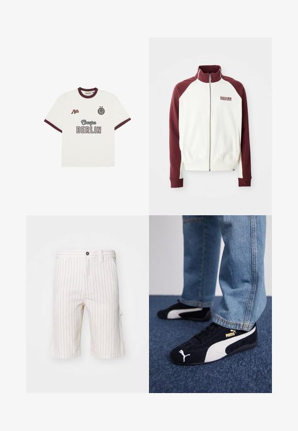 Rits-top in gebroken wit met kastanjebruine raglanmouwen. Voorzien van ribboorden aan de mouwen en onderkant, en een klein logo op de borst. Gladde textuur.; Witte T-shirt met korte mouwen en bordeauxrode afwerking, "Escape BERLIN" tekst op de voorkant in het midden, "Mitte" op de linkerborst en een cirkelvormig embleem met twee sterren op de rechterborst.; Witte cargoshorts met rode verticale strepen, gemaakt van een lichtgewicht stof. Voorzien van een knoopsluiting en zijzakken.; Zwarte suède sneakers met witte accenten, voorzien van een gouden logo. Gemaakt met lichtblauwe spijkerbroek en geplaatst op een textuur blauwe ondergrond.