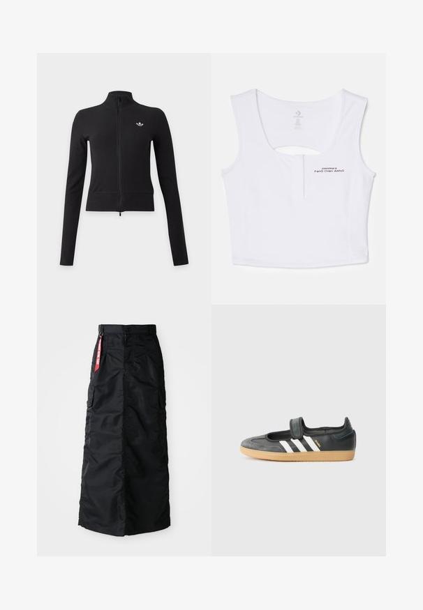 Čierna dlhá bunda so zipsom, vysokým golierom a malým bielym logom Adidas trefoil na ľavej strane hrudníka.; Biele skrátené tielko vyrobené z bavlneného zmesi. Má vykrojenie v tvare kľúčovej dierky na zadnej strane a čierne potlačené logo na prednej strane.; Čierna dlhá sukňa s predným gombíkom a zipsom, bočnými cargo vreckami a červeným textilným štítkom "Remove Before Flight" na páse.; Čierne kožené a zamšové tenisky s Velcro pásikom, s tromi bielymi pruhmi a gumenou podrážkou, označené nápisom "SAMBA" na boku.