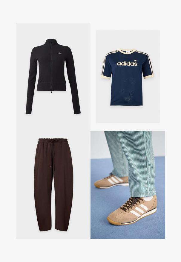 Zwarte jas met lange mouwen, ritssluiting over de hele lengte, hoge kraag en klein wit Adidas trefoil-logo op de linkerborst.; Marineblauw Adidas mesh T-shirt met korte mouwen, crèmekleurige afwerking, drie crèmekleurige strepen op de mouwen en Adidas-logo op de borst.; Bruine casual broek met een elastische tailleband en trekkoord, plat neergelegd tegen een lichte achtergrond.; Tan suede en mesh sneakers met bruine veters en drie witte strepen. Gecombineerd met groene en witte gestreepte broeken, rustend op een blauwe ondergrond.