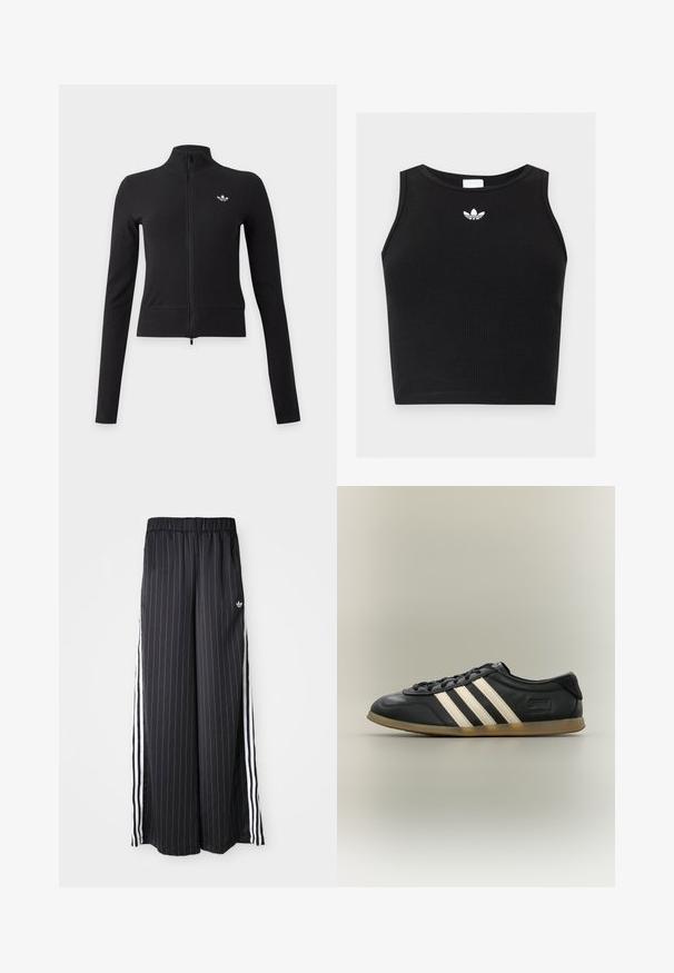 Schwarze langärmelige Jacke mit durchgehendem Reißverschluss, hohem Kragen und kleinem weißen Adidas-Trefoil-Logo auf der linken Brust.; Schwarzes, geripptes ärmelloses Crop-Top mit rundem Ausschnitt und kleinem weißen Adidas-Trefoil-Logo, das zentriert in der Nähe des Kragens platziert ist.; Schwarzfarbene, weit geschnittene Hosen mit vertikalen weißen Streifen, elastischem Bund und drei weißen Streifen an der Seite. Adidas-Logo auf der Vorderseite.; Schwarzer Adidas Gazelle Sneaker mit weißen Streifen, schwarzen Schnürsenkeln und hellbrauner Sohle, seitlich auf neutralem Hintergrund gezeigt.