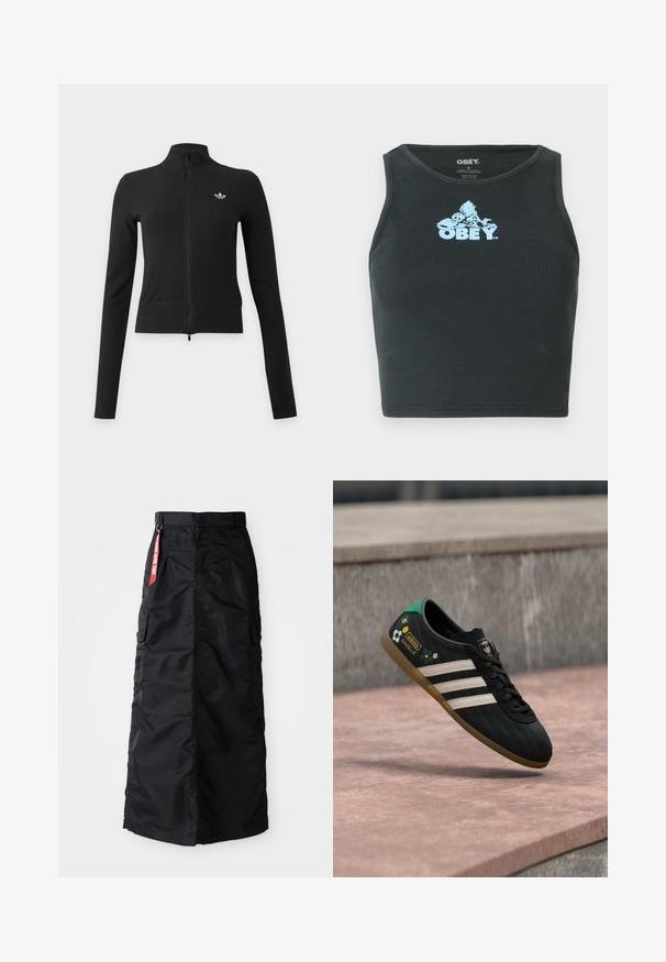 Musta pitkähiha-jakku, jossa kokovetoketju, korkea kaulus ja pieni valkoinen Adidas trefoil -logo vasemmassa rintataskussa.; Musta ribattu puuvillainen crop-top, jossa on vaaleansininen graafinen logo keskellä rintaa. Hihaton malli ja pyöreä kaula-aukko.; Musta pitkä hame, jossa on etuvivut ja vetoketju, sivupakkaustaskut sekä punainen "Poista ennen lentoa" -kangastunniste vyötäröllä.; Musta urheilukengän valkoisilla raidoilla, kuvioitu päällinen ja kukkakuvioiset yksityiskohdat sekä vihreä kanta. Kumipohja, joka tarjoaa pitoa.
