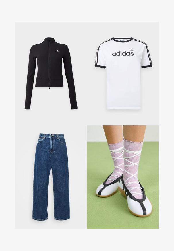 Čierna dlhá bunda so zipsom, vysokým golierom a malým bielym logom Adidas trefoil na ľavej strane hrudníka.; Biele bavlnené tričko s čiernymi akcentmi, so zapínaním okolo krku, krátkymi rukávmi, tromi čiernymi pruhmi na ramenách a čiernym logom „adidas“.; Svetlomodré denimové nohavice s širokými nohavicami a vysokým pásom, s viditeľným šitím a klasickými vreckami. Obsahujú zapínanie na gombík a zips.; Nohy v rebrovaných levanduľových ponožkách s bielymi krížovými pásmi v kombinácii s bielymi baletnými papučkami s čiernym lemom na zelenej podlahe.