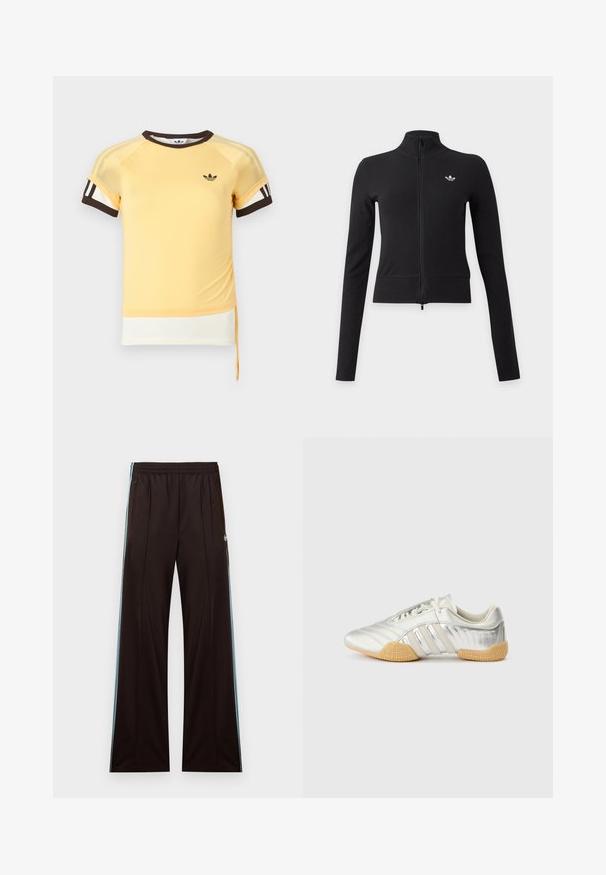 Casaco preto de manga comprida com fecho éclair completo, gola alta e pequeno logótipo branco da Adidas trefoil no peito esquerdo.; T-shirt desportivo amarelo com mangas raglan, detalhes em castanho e três riscas brancas nas mangas. Apresenta um logótipo e um cordão na bainha.; Calças pretas de corte largo com riscas azuis claras nas laterais, cós elástico, bolsos com fecho e logótipo Adidas na anca esquerda.; Ténis desportivo prateado com parte superior em couro liso, sola de borracha e detalhes texturizados. Apresenta design curvo e atacadores tonais.