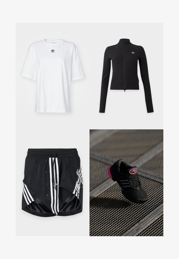 Musta pitkähiha-jakku, jossa kokovetoketju, korkea kaulus ja pieni valkoinen Adidas trefoil -logo vasemmassa rintataskussa.; Valkoinen lyhythihainen t-paita, joka on valmistettu puuvillasta. Siinä on pyöreä kaula-aukko ja pieni musta Adidas-logo rinnassa. Suora helma.; Mustat Adidas-urheilushortsit, joissa valkoiset raidat, nepparikiinnitys, joustava vyötärö, kiristysnauha ja logopatches oikean sivutaskun kohdalla.; Musta urheilukenkä, jossa on verkkomateriaali, pinkit yksityiskohdat ja mustat raidoitukset. Varusteleet teksturoidulla pohjalla ja logotarralla kantapäässä.