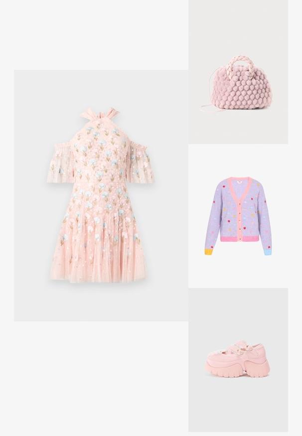 Cardigan en laine lavande avec des bordures roses, des points multicolores en forme de cœur, un col en V et une fermeture à boutons. Poignets côtelés en jaune et bleu.; Robe courte rose avec manches épaules dénudées, ornée de broderies florales bleues et roses, tissu en tulle transparent à couches, et encolure à volants.; Bottines chunky à plateforme rose avec des boucles en forme de cœur double, un bord en dentelle et une semelle épaisse sculptée sur un fond blanc uni.; Sac à main en pompon rose texturé avec une poignée tressée et une fine sangle. Forme ronde, surface douce, design compact.