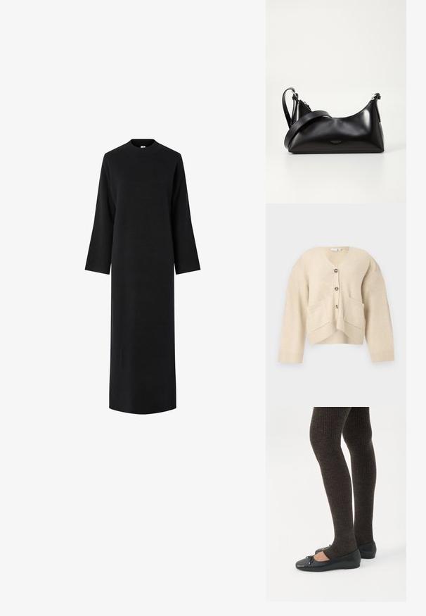 Cardigan beige con cuello en V, dos bolsillos frontales y cinco botones. Presenta puños y dobladillo acanalados con un material suave y texturizado.; Vestido negro largo de punto con mangas largas y cuello alto, mostrado sobre un fondo blanco.; Piernas con leggings oscuros acanalados combinados con bailarinas negras que presentan pequeños detalles de lazo sobre un fondo blanco.; Bolso de mano de cuero negro con una textura suave. Cuenta con una correa ajustable y un diseño elegante y minimalista con cierre de cremallera.