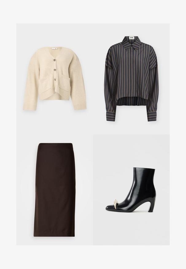 Beige cardigan med V-hals, to forlommer og fem knapper. Har ribbede ærmer og kant med et blødt, struktureret materiale.; Marineblå langærmet skjorte med lodrette beige striber, klassisk krave, knapmanchetter og en let buet kant.; Brun blyantskørt, knælængde, lavet af glat stof. Har et enkelt design uden synlige mønstre eller pynt.; Sort ankelstøvle lavet af blank læder, med spids tå og en dekorativ guld- og sølvaccent foran. Design med blokhæle.