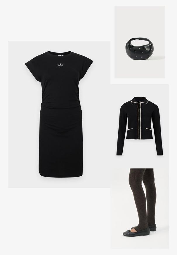 Cardigan noir avec un col, passepoil crème le long du col et des poches, et six boutons sur le devant. Il présente des manches longues et un design court.; Robe noire mi-longue aux genoux avec des manches courtes et petit logo blanc "GAP" centré sur la poitrine, sur fond uni.; Jambes portant des leggings côtelés foncés associés à des ballerines noires avec de petits détails en nœud sur fond blanc.; Sac à main en cuir noir de forme arrondie, décoré de clous argentés et équipé d'une poignée courte. Texture lisse et fermeture éclair.