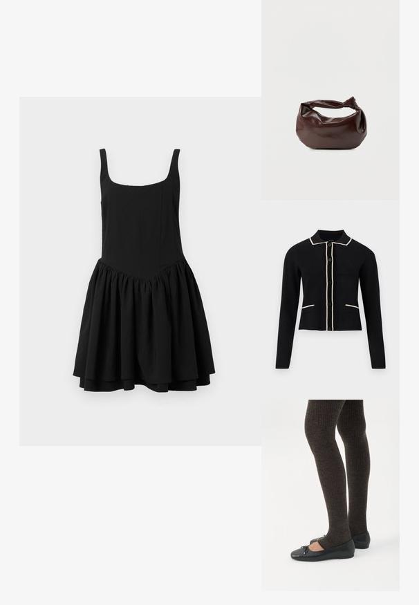 Cardigan noir avec un col, passepoil crème le long du col et des poches, et six boutons sur le devant. Il présente des manches longues et un design court.; Robe noire sans manches avec une encolure carrée, un corsage ajusté et une jupe évasée froncée ; texture lisse et couleur unie.; Jambes portant des leggings côtelés foncés associés à des ballerines noires avec de petits détails en nœud sur fond blanc.; Sac bandoulière en cuir marron foncé avec une forme souple et décontractée et une anse nouée torsadée sur un fond blanc uni.