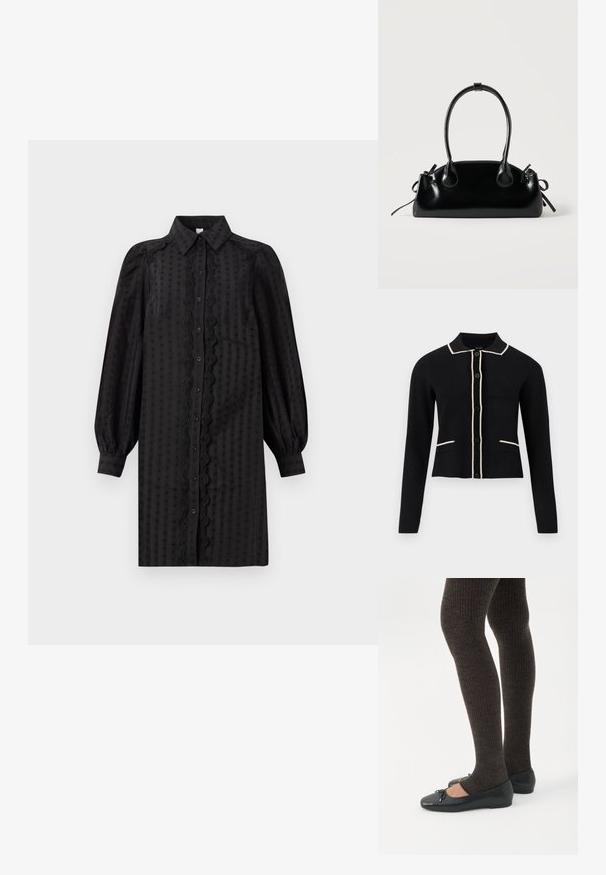Musthave mustriga karvasegusega kardigan, millel on krae, kreemivärviga äärised krael ja taskutel, ning kuus nööpi esipool. Omab pikki varrukaid ja lühikest lõiget.; Mustaline must dress, mis on valmistatud siledast kangast, millel on tekstuuriline muster, puffse varrukad ja kaunistav pitsääris ees.; Jalad seljas tumedad soonelises soonelises kombines mustade baleriinadega, millel on väikesed paelade detailid valgel taustal.; Väike must läikiv käekott kahe pika sangaga ja külgedel paelakinnitustega, ühel lihtsal helel taustal.