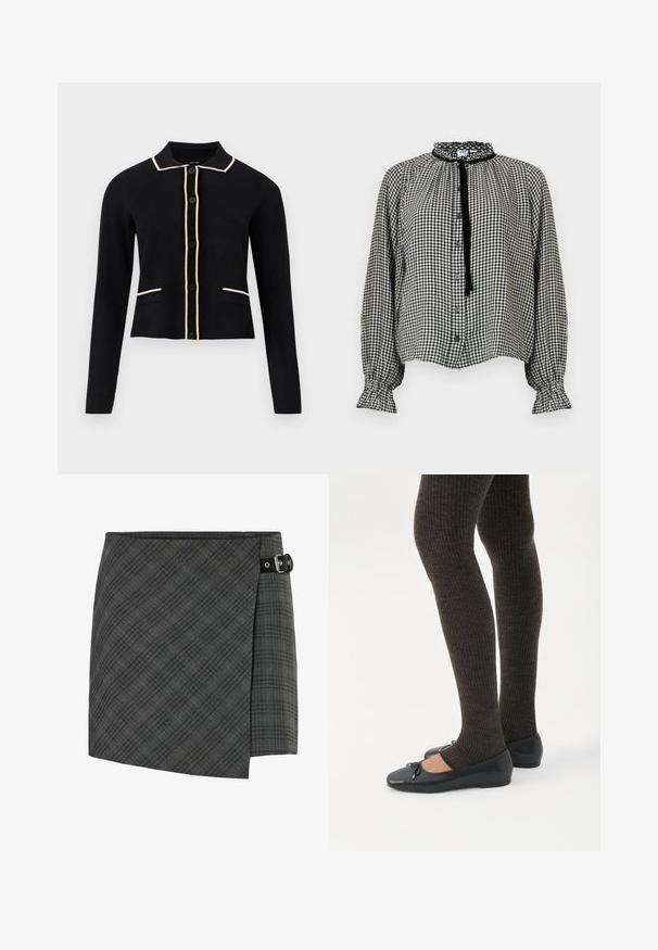 Sort cardigan med krave, cremefarvede detaljer langs kraven og lommerne, og seks frontknapper. Har lange ærmer og et cropped design.; Sort-hvid ternet langærmet bluse med flæsekant ved krave og manchetter, knaplukning foran og sort båndsløjfe ved halsen.; Mørkegrå ternet uld wrap nederdel med sort spænde detalje på højre side, lige kant og subtil diagonalt mønster.; Ben iført mørke ribbede leggings kombineret med sorte balletsko med små sløjfedetaljer på hvid baggrund.