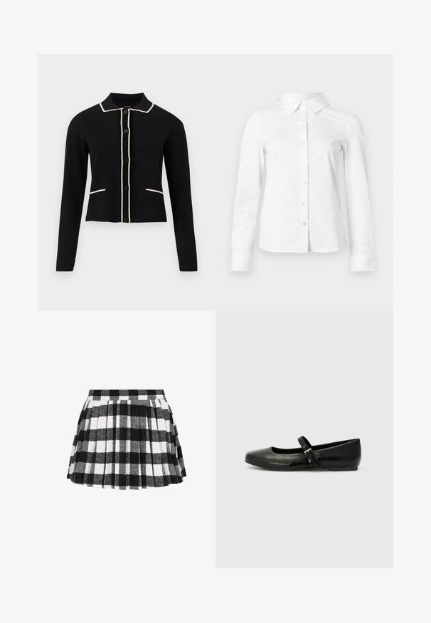 Sort cardigan med krave, cremefarvede detaljer langs kraven og lommerne, og seks frontknapper. Har lange ærmer og et cropped design.; Hvid skjorte med lange ærmer, knapper, spids krave, lige kant og tætsiddende silhuet, vist på en ensartet lys baggrund.; Blandet sort og hvidt ternet nederdel med plisseringer, lavet af et blødt tekstilmateriale med en struktureret overflade og en tætsiddende talje.; Sorte læder balletflade med rund tå, flad sål og en tynd justerbar rem over svangen med en metalspænde.